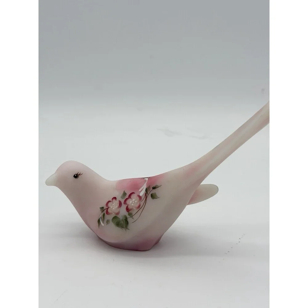Fenton Rosaline Pink Satin Art Glass Bird Hand Painted Signed Shelley Fenton